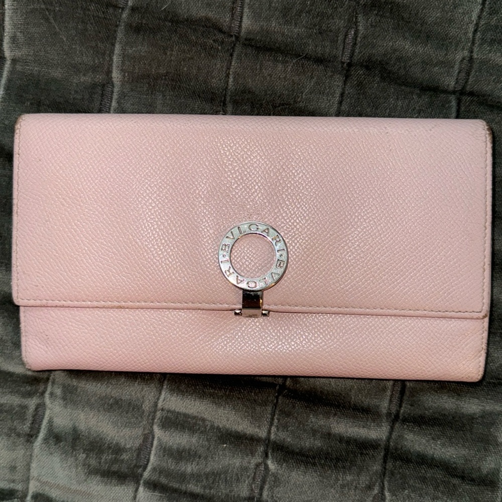 Bulgari Pale Pink Leather Flap Wallet with Silver Logo Ring